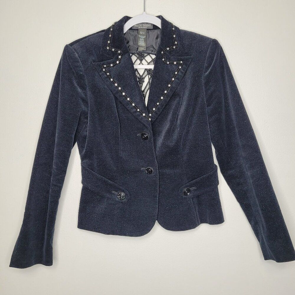 y2k Bisou Bisou black gem crochet back corporate goth grunge artsy blazer small